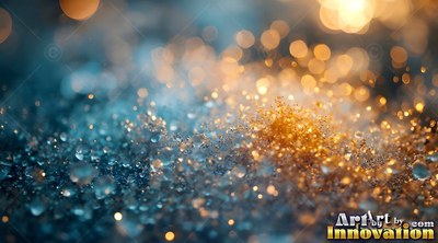 Tiny water droplets covered in warm golden light on blue frost