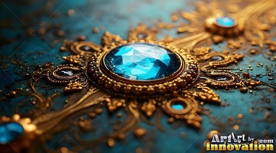 A round blue gem set inside a gold cross pattern rests on dark teal metal