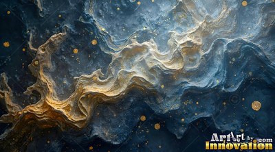 Swirling textured rock flows across dark blue stone with speckled gold light