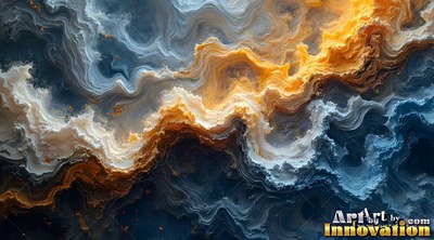 Curving diagonally through space, thick waves of blue and gold fluid