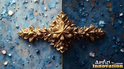 A carved gold floral design rests on a textured blue background