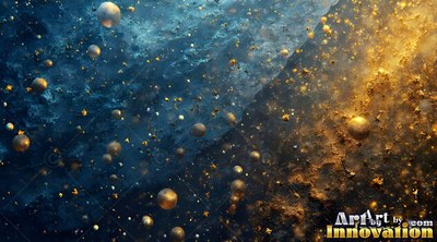 Small gold spheres floating over blue and gold stone dust