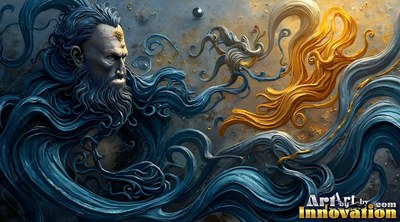 A bearded face made of blue smoke drifts beside bright gold clouds in deep space