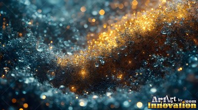 Water drops and gold glitter scatter across navy blue frost with warm yellow lights