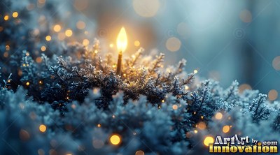 In frosted blue moss, a single yellow match burns among small warm lights