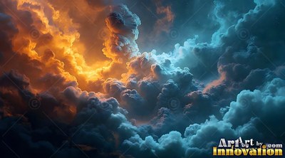Swirling across the sky, storm clouds meet in warm orange and dark blue light