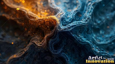 Wavy ridges of textured mineral powder meet in bright gold and deep blue light