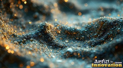 Close-up angle over wet dunes of dark sand sparkling with gold dots
