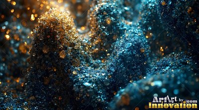 Mounds of blue and gold glitter shine under soft, warm light