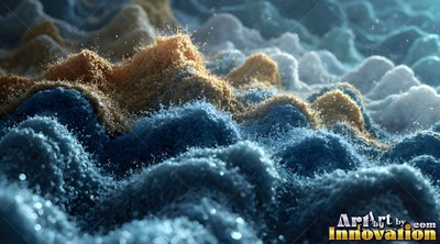 Across a dark landscape, rolling waves of blue and yellow sand drift together