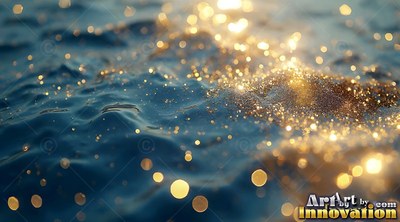 Shining in bright sunlight, navy blue ocean water ripples with gold glitter dust