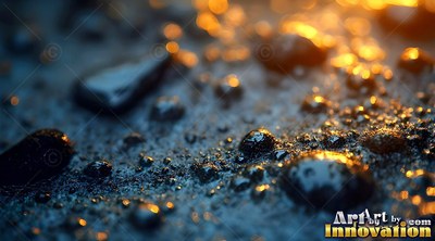 Water droplets on dark pebbles reflecting warm yellow light