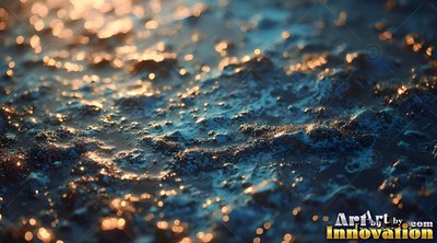 Bumpy wet earth catches golden sunset sparkles across a dim blue shoreline at dusk