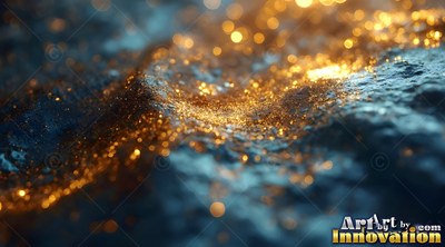Gold glitter settles across deep blue ripples under warm blurry spots of light
