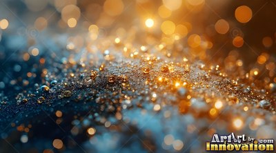 Tiny gold beads and water drops rest on navy blue sand under blurry lights