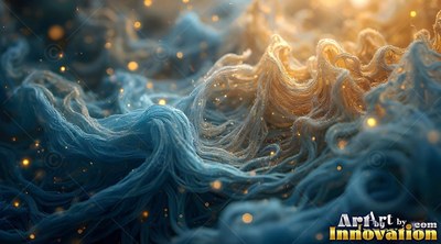 In warm light, swirling blue and gold threads rise with small blurred specks