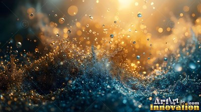 Floating droplets rise above deep blue water foam under warm golden light
