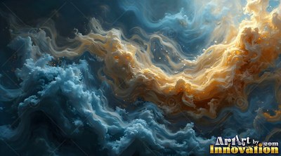 In dark water, swirling clouds of blue smoke meet yellow waves of fluid