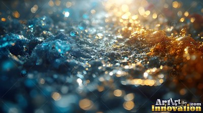 Splashing water drops split between blue and warm gold light