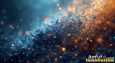 Tiny water drops rest on a mound of dark sand under bright golden sparks