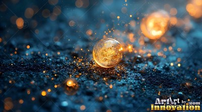 Resting low on dark sand, a round glass sphere shines with golden sparks