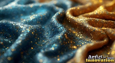 Folds of sparkling blue and gold fabric sit side by side