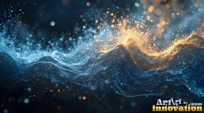 In dark water, blue waves churn with gold sparkles and bright foam splashes
