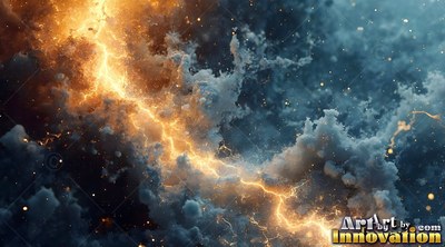 Tearing through dark storm clouds, a bright bolt of yellow lightning flashes