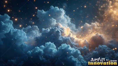 Golden light crests billowing blue clouds as tiny sparks scatter across a dark night sky