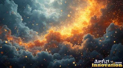 Storm clouds part around bright sparks with warm orange light shining through