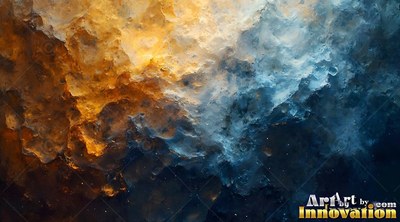 Facing outward across dark space, swirling gold and blue clouds meet