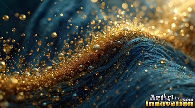 Gold beads scatter over midnight blue textured waves in soft light