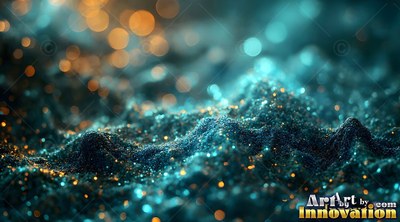 Rising in soft waves, teal glitter sparkles beneath round yellow bokeh lights