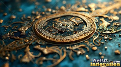 A round gold medallion rests on textured blue leather with filigree details