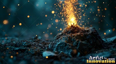 A mound of dark earth bursts with bright sparks against blue shadows