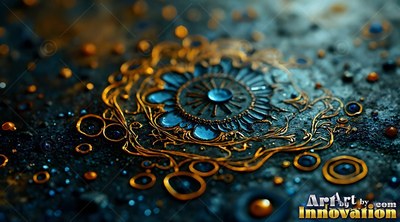 Tilted view of a gold and blue metal flower resting on rough dark stone