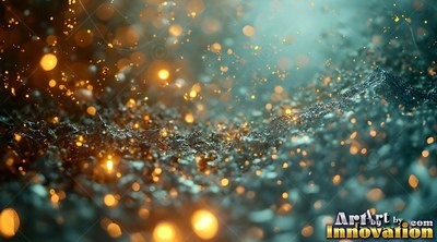 Golden sparks drift over navy blue water with bright light above