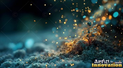 On a dark sandy mound, a tiny glass sprout rises beneath yellow sparks of light