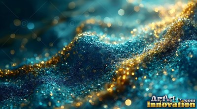 Teal and gold glitter rolls in waves under soft, blurry points of light