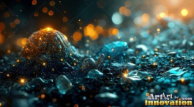 Close-up angle on dark sand scattered with blue water drops and warm light sparks