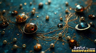 Glass beads shaped like tiny planets sit in gold wire on dark blue stone