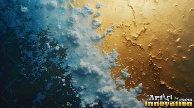 Across a bright split surface, white clouds meet deep blue and gold metal textures