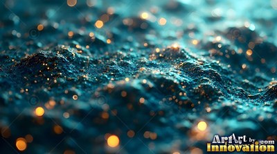 Shining with golden sparkles, rough teal sand forms soft rolling hills under warm light