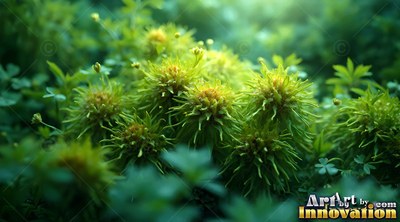 Spiky yellow seed heads cluster together in a bed of deep green clover under soft light
