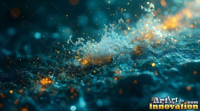Foamy blue ocean water splashes with bright golden sparks rising up