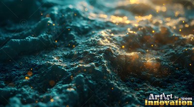 Across midnight blue water, golden sparks drift over rough ripples under soft light