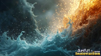 Splashing in bright sunlight, foamy blue sea waves meet a shower of golden spray