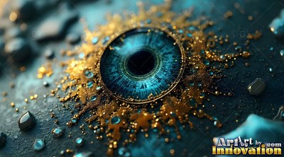 A deep blue eye rests inside a ring of gold powder under soft cool light