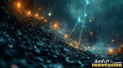 Slanted close up of dark rocky ground hit by blue lightning with yellow sparks