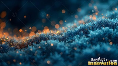 On navy blue moss, small golden sparks float through the air